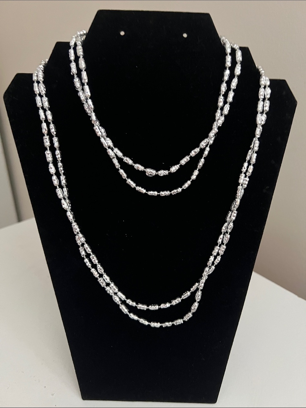 Two Silver Tone Beaded Long Layered Lightweight Necklaces - Vintage